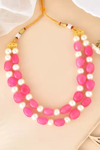 White pearl and pink beaded necklace for women & girls