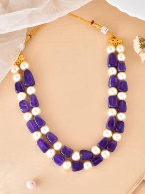 White pearl and blue beaded necklace for women & girls 2