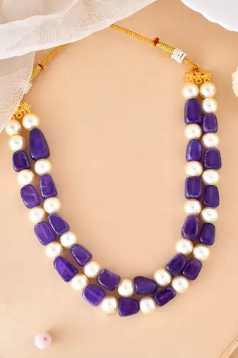 White pearl and blue beaded necklace for women & girls