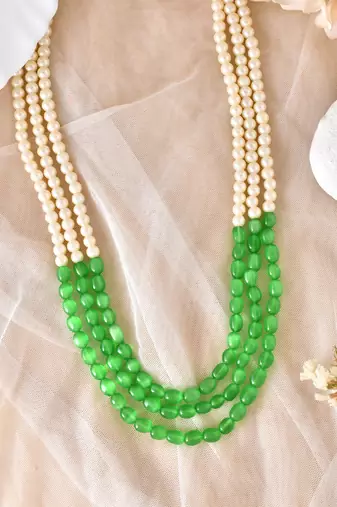 white pearl and green bead necklace for women & girls