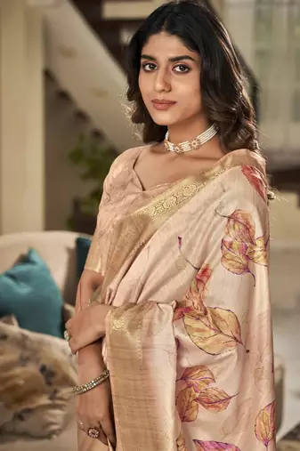 Cream Designer Digital Printed Soft silk blend Saree With Blouse