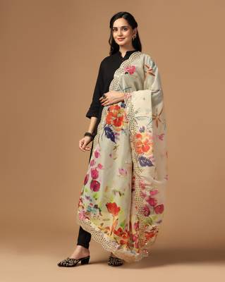 Digital print orgenza sequnce work dupatta for women and girls to wear on gown chaniya choli kurti etc 2
