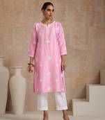 Chanderi chikankari solid women's long kurta- pink