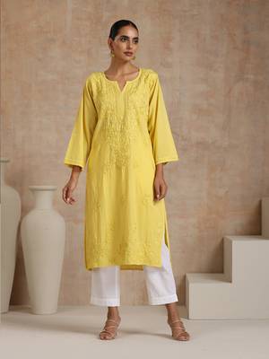 Cotton  solid women's long kurta - yellow 1