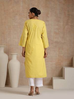 Cotton  solid women's long kurta - yellow 2