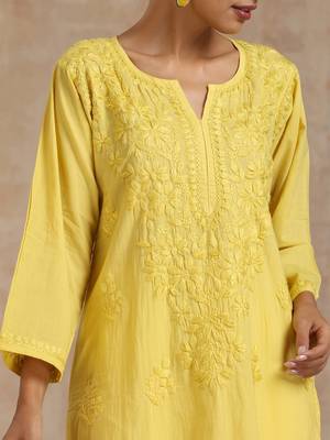 Cotton  solid women's long kurta - yellow 4