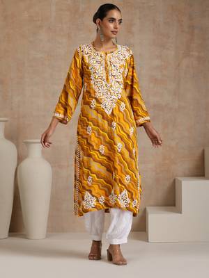 Rayon  printed women's long kurta - yellow 1