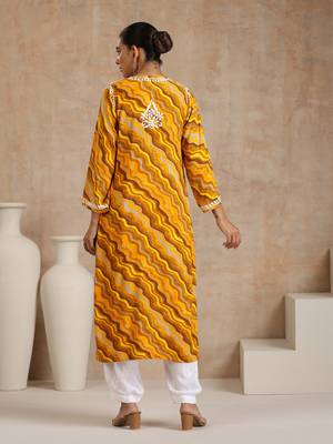 Rayon  printed women's long kurta - yellow 2