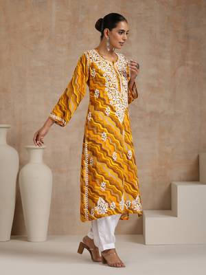 Rayon  printed women's long kurta - yellow 3