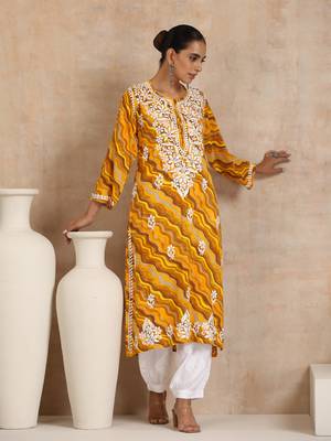 Rayon  printed women's long kurta - yellow 4