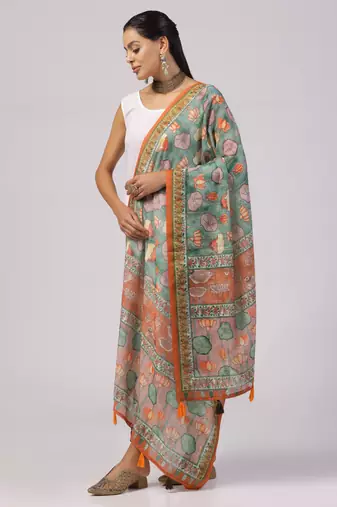 Digital print lilen blend zari dupatta for women and girls to wear on gown chaniya choli kurti etc