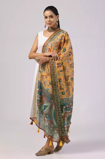 Digital print lilen blend zari dupatta for women and girls to wear on gown chaniya choli kurti etc