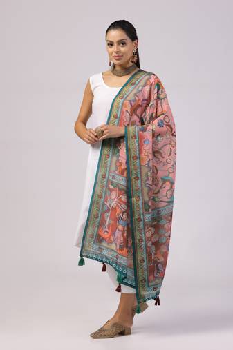 Digital print lilen blend zari dupatta for women and girls to wear on gown chaniya choli kurti etc