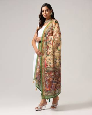 Digital print lilen blend zari dupatta for women and girls to wear on gown chaniya choli kurti etc 3