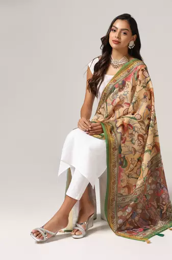 Digital print lilen blend zari dupatta for women and girls to wear on gown chaniya choli kurti etc