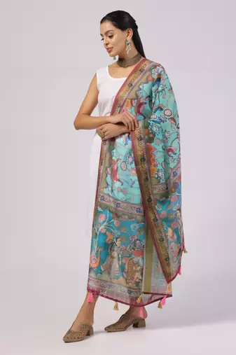 Digital print lilen blend zari dupatta for women and girls to wear on gown chaniya choli kurti etc