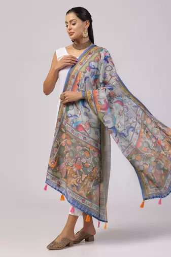 Digital print lilen blend zari dupatta for women and girls to wear on gown chaniya choli kurti etc