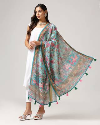 Digital print lilen blend zari dupatta for women and girls to wear on gown chaniya choli kurti etc 2