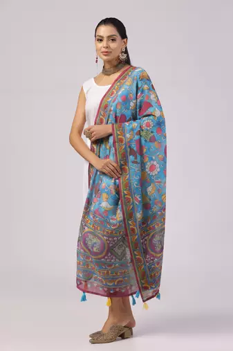 Digital print lilen blend zari dupatta for women and girls to wear on gown chaniya choli kurti etc
