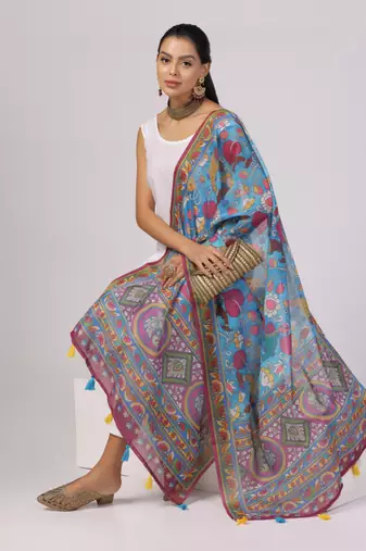 Digital print lilen blend zari dupatta for women and girls to wear on gown chaniya choli kurti etc