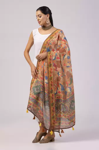 Digital print lilen blend zari dupatta for women and girls to wear on gown chaniya choli kurti etc