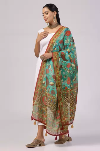 Digital print lilen blend zari dupatta for women and girls to wear on gown chaniya choli kurti etc