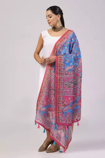 Digital print lilen blend zari dupatta for women and girls to wear on gown chaniya choli kurti etc