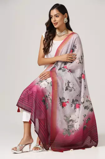 Digital print lilen blend zari dupatta for women and girls to wear on gown chaniya choli kurti etc