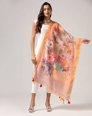 Digital print lilen blend zari dupatta for women and girls to wear on gown chaniya choli kurti etc 1