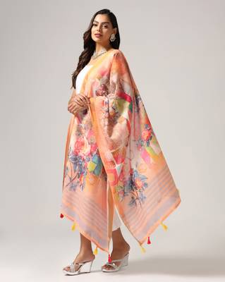 Digital print lilen blend zari dupatta for women and girls to wear on gown chaniya choli kurti etc 2