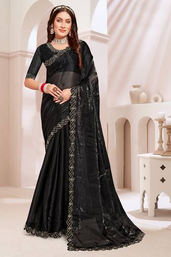 Embroidered Border Chinon Chiffon Saree In Black With Matching Blouse Piece