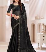 Embroidered Border Chinon Chiffon Saree In Black With Matching Blouse Piece