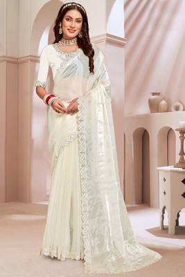 Embroidered Border Chinon Chiffon Saree In Cream With Matching Blouse Piece 1