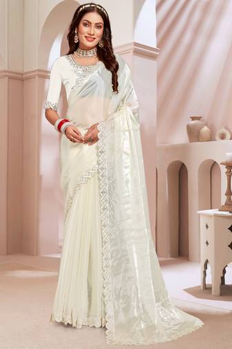 Embroidered Border Chinon Chiffon Saree In Cream With Matching Blouse Piece
