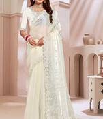 Embroidered Border Chinon Chiffon Saree In Cream With Matching Blouse Piece