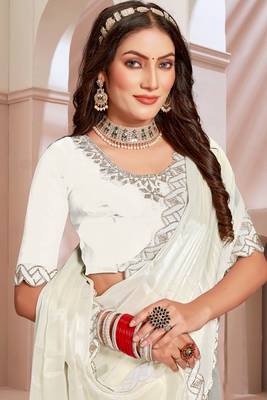 Embroidered Border Chinon Chiffon Saree In Cream With Matching Blouse Piece 2