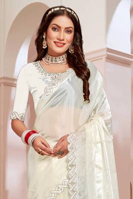 Embroidered Border Chinon Chiffon Saree In Cream With Matching Blouse Piece 3
