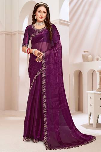 Embroidered Border Chinon Chiffon Saree In Purple With Matching Blouse Piece