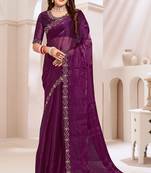 Embroidered Border Chinon Chiffon Saree In Purple With Matching Blouse Piece