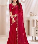 Embroidered Border Chinon Chiffon Saree In Maroon With Matching Blouse Piece