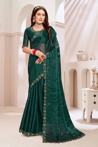 Embroidered Border Chinon Chiffon Saree In Teal Green With Matching Blouse Piece