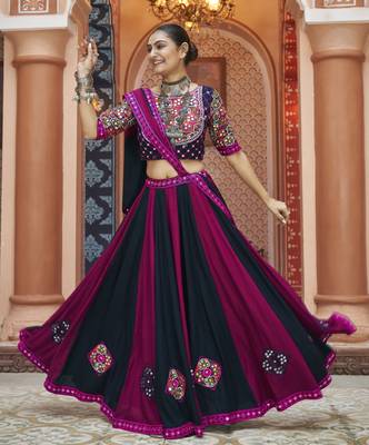 Purple & Black Cotton Navratri Lehenga Choli with Mirror Work & Dupatta perfect for Garba 1