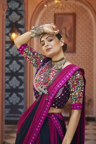 Purple & Black Cotton Navratri Lehenga Choli with Mirror Work & Dupatta perfect for Garba
