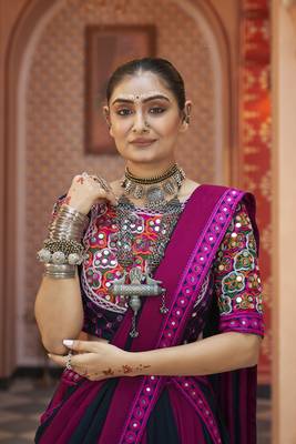 Purple & Black Cotton Navratri Lehenga Choli with Mirror Work & Dupatta perfect for Garba 5