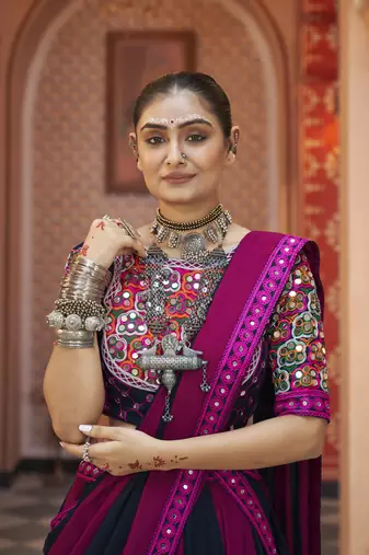 Purple & Black Cotton Navratri Lehenga Choli with Mirror Work & Dupatta perfect for Garba