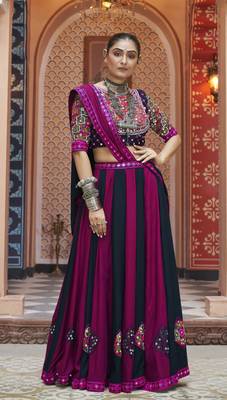 Purple & Black Cotton Navratri Lehenga Choli with Mirror Work & Dupatta perfect for Garba 6