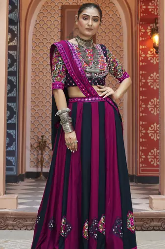 Purple & Black Cotton Navratri Lehenga Choli with Mirror Work & Dupatta perfect for Garba