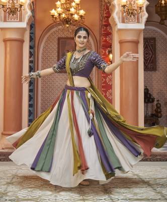 MULTICOLOR THREAD EMBROIDERED WITH MIRROR WORK VISCOSE RAYON TRADITIONAL WEDDING FESTIVAL STITCHED LEHENGA CHOLI DUPATTA 1
