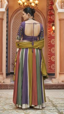 MULTICOLOR THREAD EMBROIDERED WITH MIRROR WORK VISCOSE RAYON TRADITIONAL WEDDING FESTIVAL STITCHED LEHENGA CHOLI DUPATTA 3