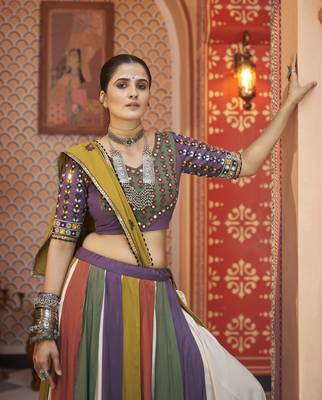 MULTICOLOR THREAD EMBROIDERED WITH MIRROR WORK VISCOSE RAYON TRADITIONAL WEDDING FESTIVAL STITCHED LEHENGA CHOLI DUPATTA 4